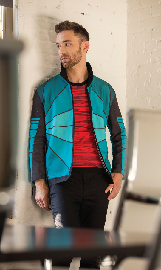 Designer Timothy Cohen marries math and science in his menswear line, with patterns reflected in nature. Pattern inspirations are sunflowers, ferns, and seahorses. The bold designs are created using sustainably-made, digitally-printed fabrics. “These patterns are one of many eye-opening examples of how all animals and people on earth are connected,” Cohen says. 