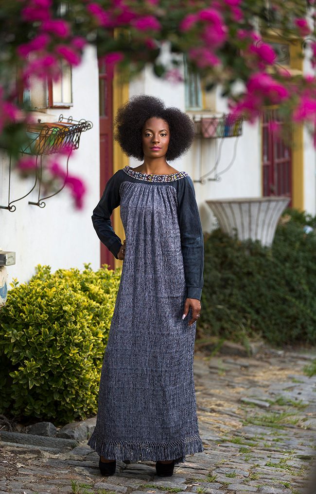 This dress is dyed with eucalyptus and charcoal dyes; its neckline is hand-beaded by Gad’s fair-trade partners in Guatemala.