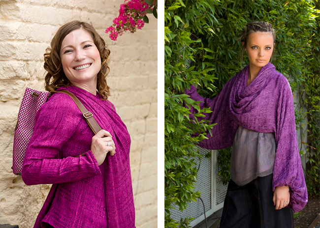 Left: Gad designs these colorful, durable backpacks, while her sweater features hand-sewn elements. Right: The purple multi-directional wrap can be worn five different ways, and is colored using basil and walnut dyes. The silk tank underneath was dyed in basil and charcoal, and the jeans are made with denim from Cone Denim’s White Oak plant in Greensboro.