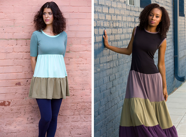 Honigmann uses long rectangles of cotton knit fabric in her tiered designs, resulting in very little fabric waste and offering maximum color mixes. “My line started with the fabric, locally sourced and organic,” she says. “The sustainability of the line is important; it will be made in North Carolina. And the main theme is mixing colors in unusual ways. These pieces fit almost everyone, are wearable and comfortable.”