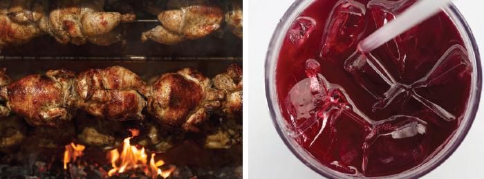 Left: Charcoal-roasted chicken turns in the rotisserie oven at Alpaca. “The marinade is a special house seasoning that’s a family recipe of the owners,” says director of operations T.J. Cordero. Right: Chicha morada, made from purple corn, pineapple, lime and spices, tastes like a cold, spiced cider.
